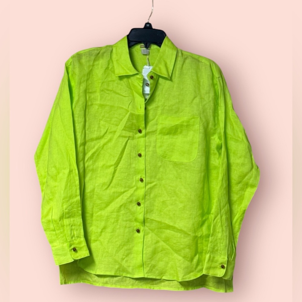 NWT magaschoni Linen Blouse Chartreuse Button Down Long Sleeve Pockets Size